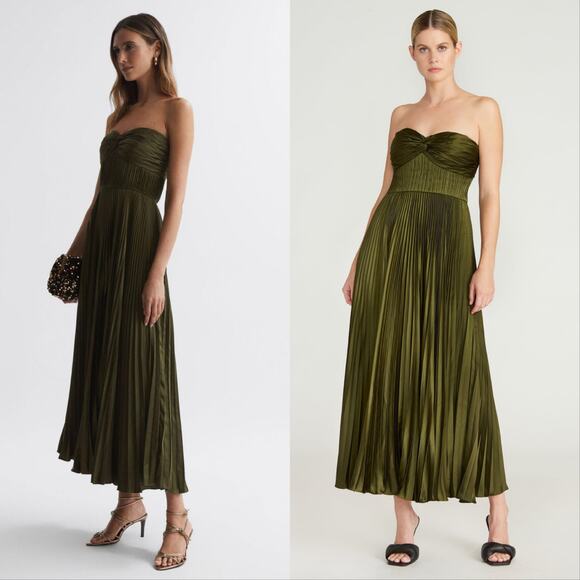 AMUR Belle Strapless Pleated Maxi Dress Formal Gown Olive Green - Picture 1 of 6